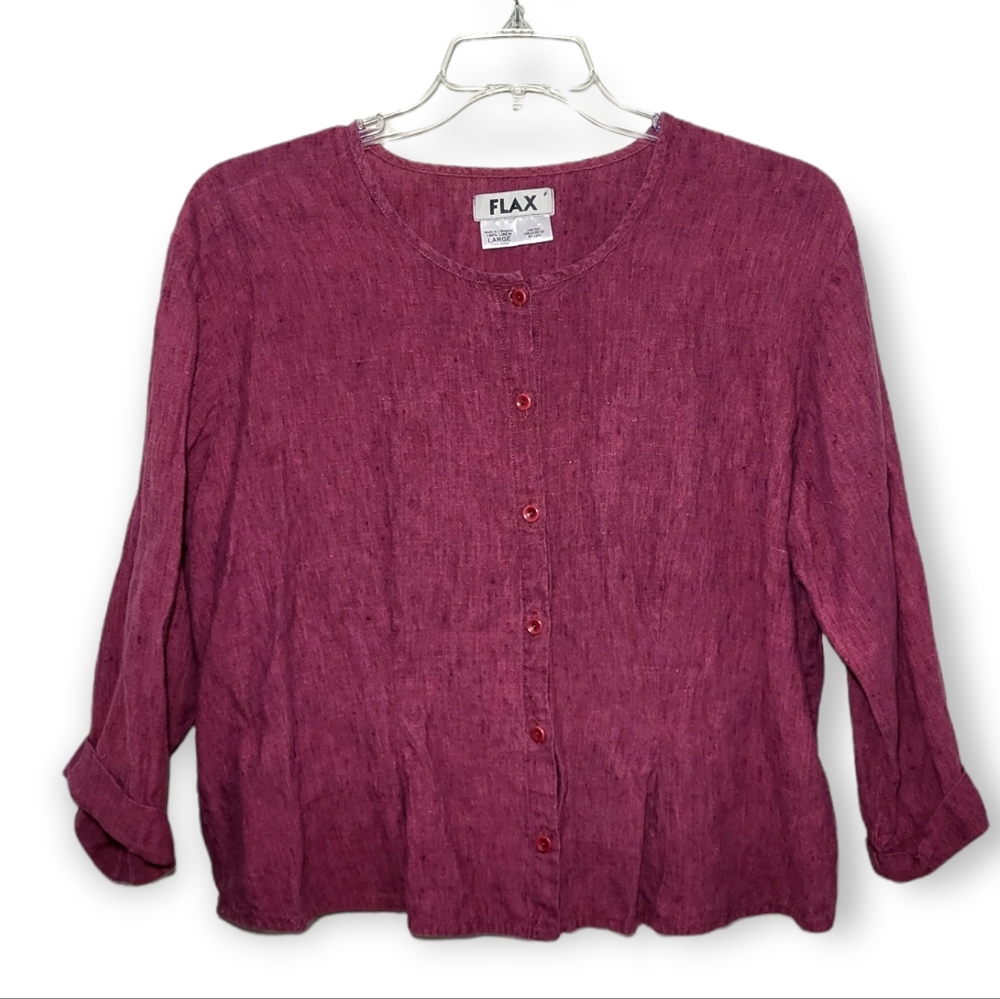 FLAX Linen Button Down Top with Rolled Sleeves Pink Fuchsia Large